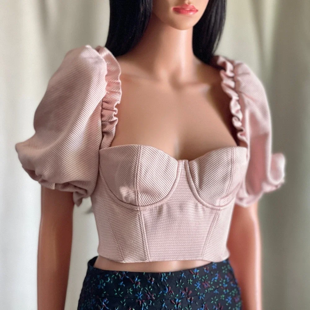 House of CB Federica Blush Pink Ribbed Puff Sleeve Corset Top Bustier Coquette M